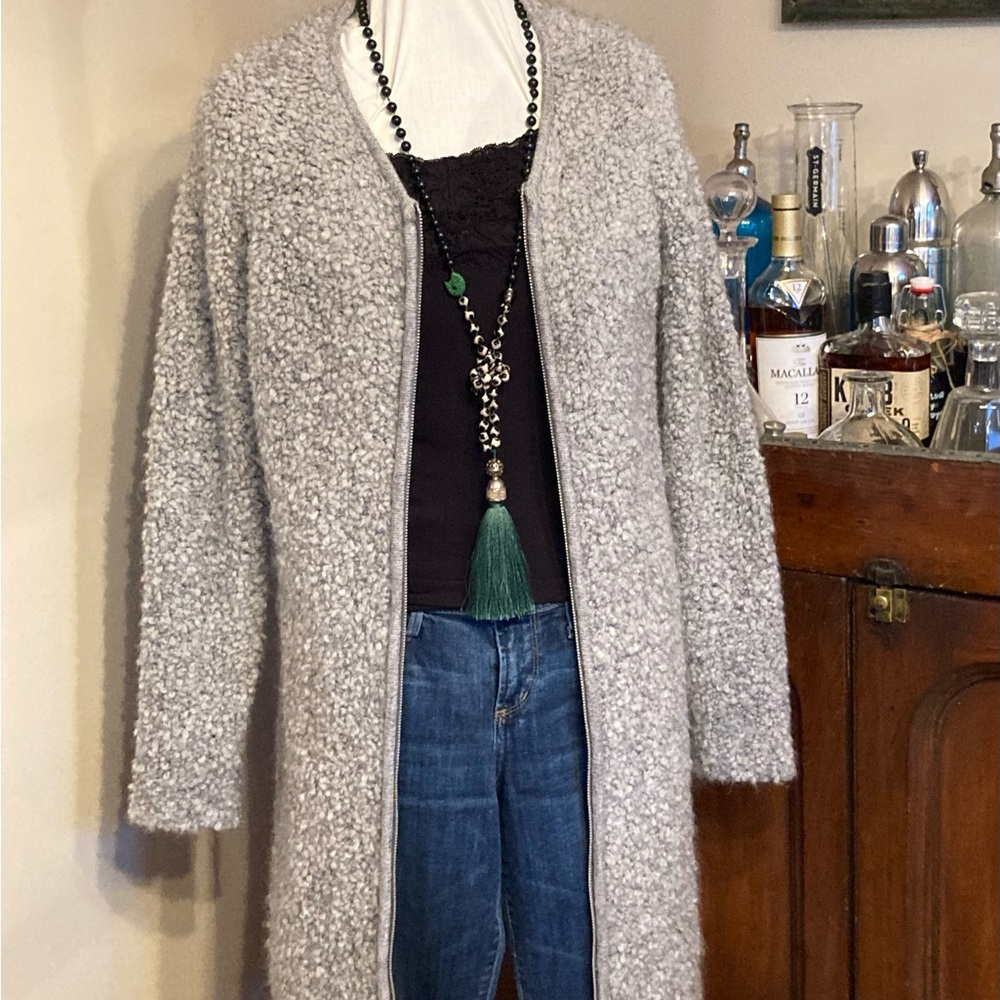 Silvia Novelli Grey Mohair Wool Blend Boucle Longline Full Zip Cardigan